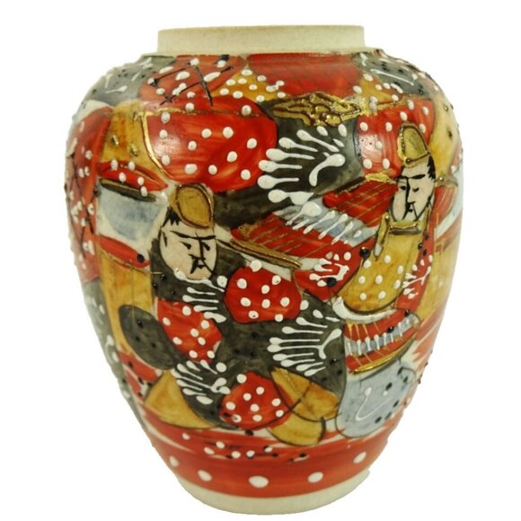 Vintage Satsuma-Style Art Vase Pottery Moriage Japanese Warrior Samurai Crazing - Picture 2 of 14